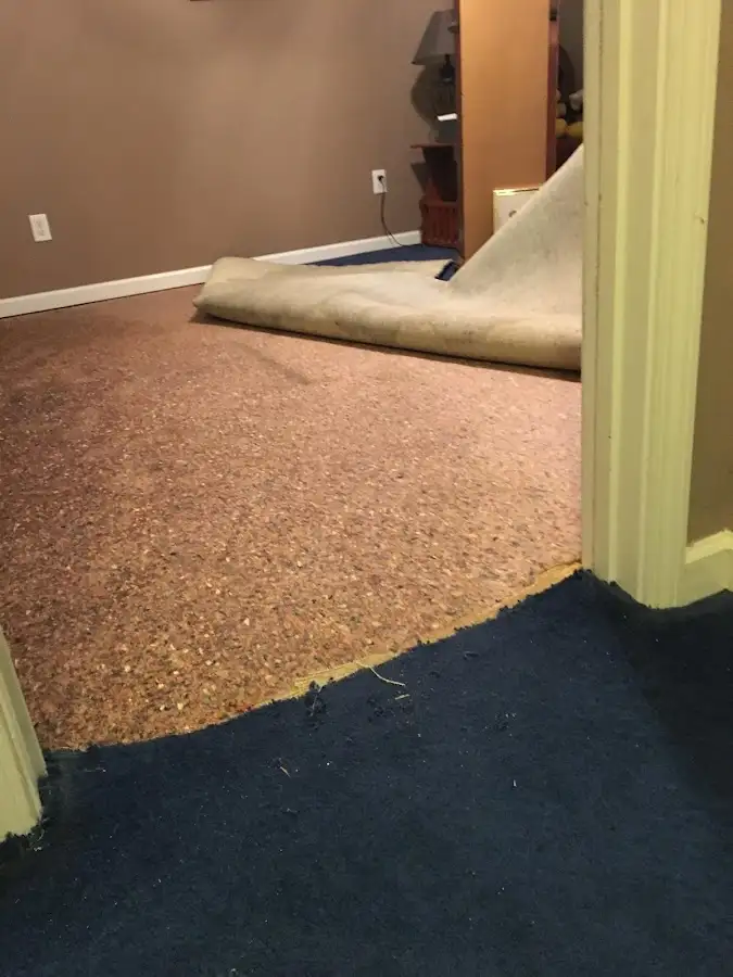 Carpet pad removal revealing water damage during Water Mitigation Services in Lennox